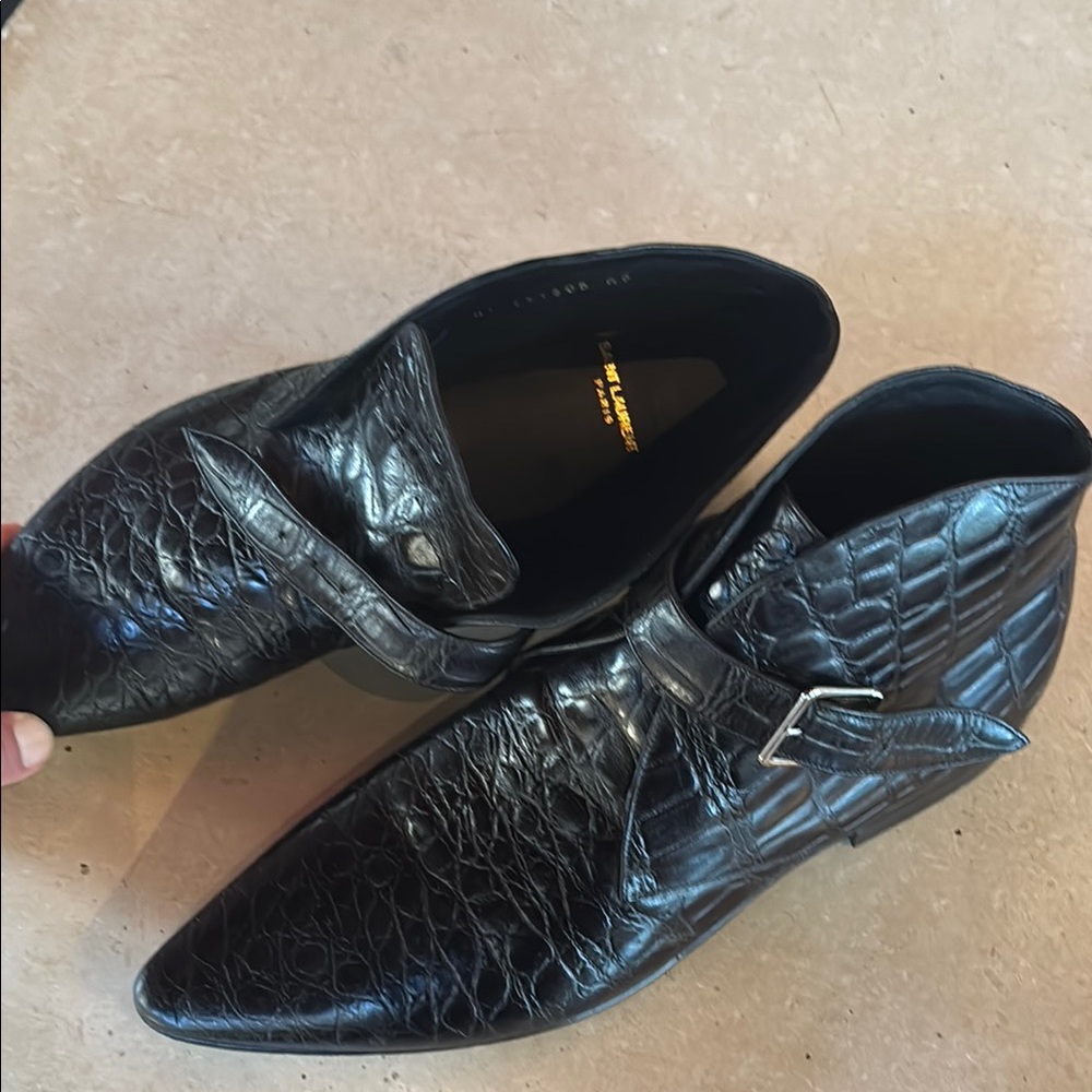 Saint Laurent Black Croc Print Leather Ankle Boots